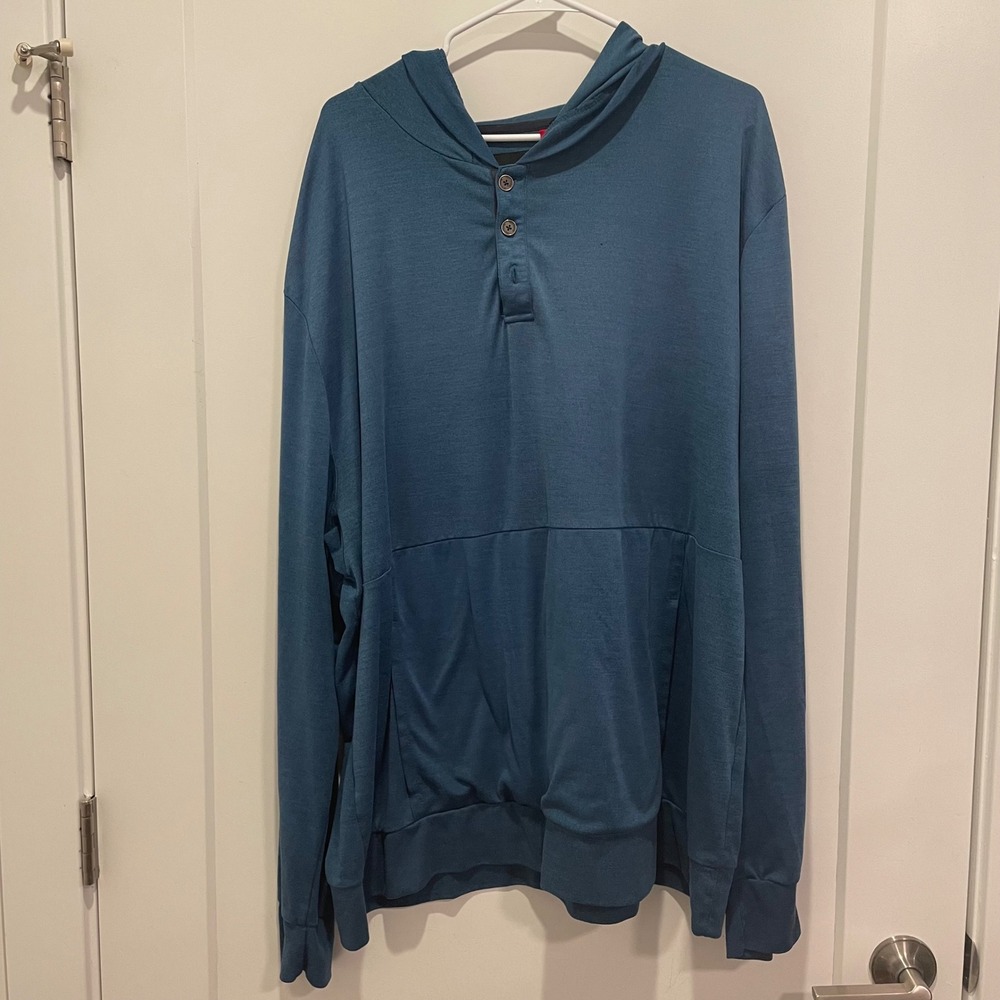 Mountain and Isles Mens XXL Teal Blue Henley Hoodie Pullover Kangaroo Pocket